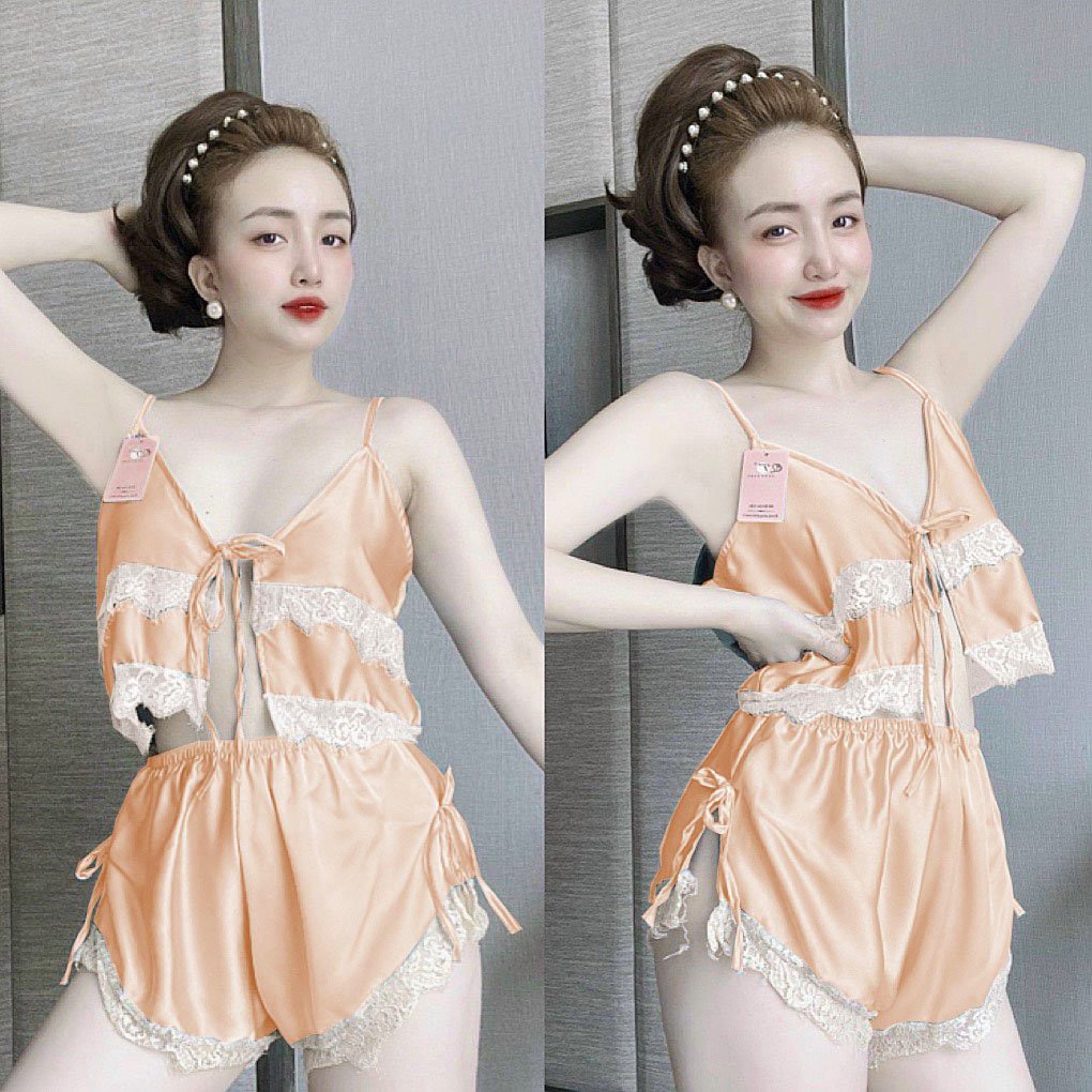 Đồ bộ đùi ngủ sexy hai dây xẻ ngực phối ren satin cao cấp