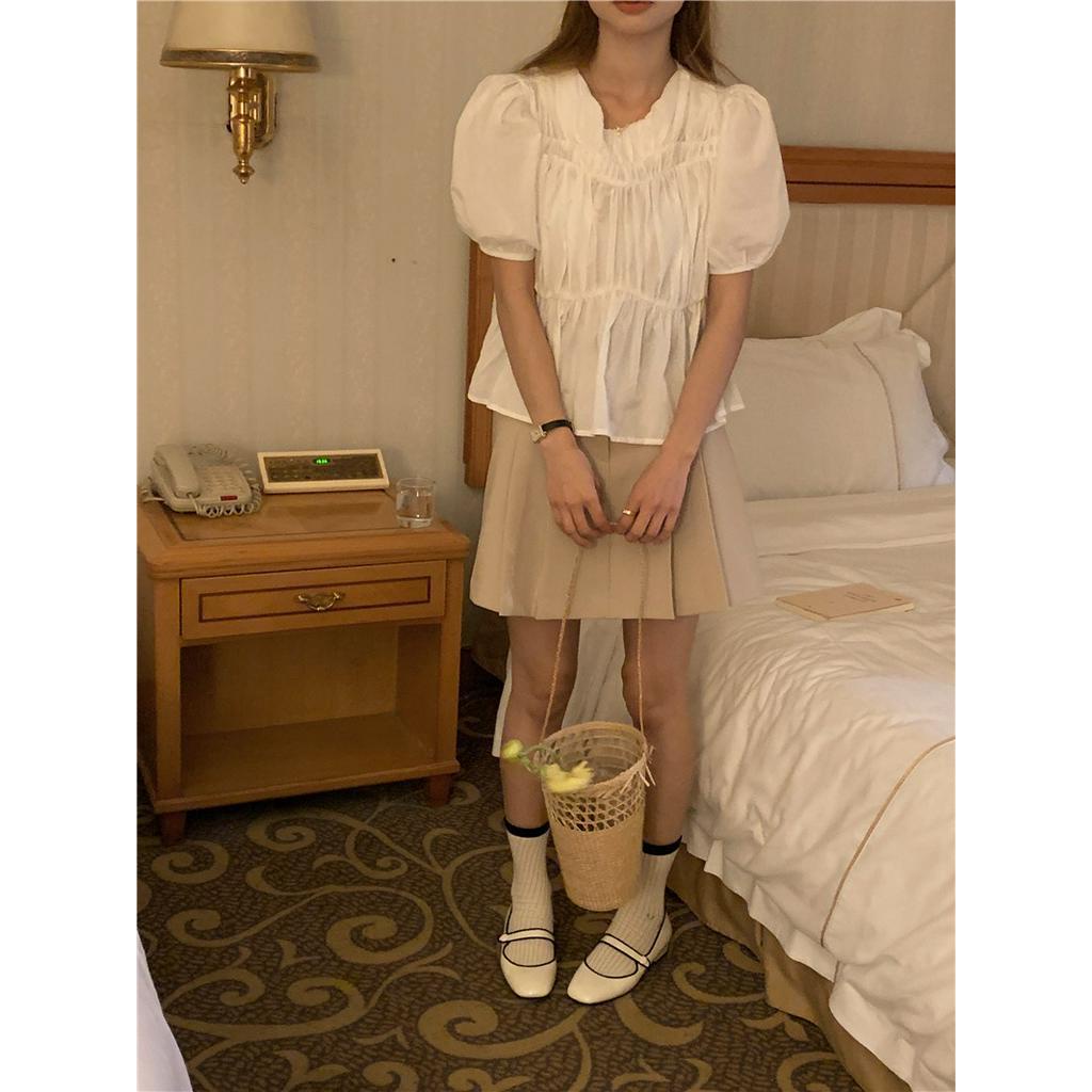 Áo Kiểu Tay Phồng Cổ Tròn Xếp Ly 2 Màu Phong Cách Pháp 62621