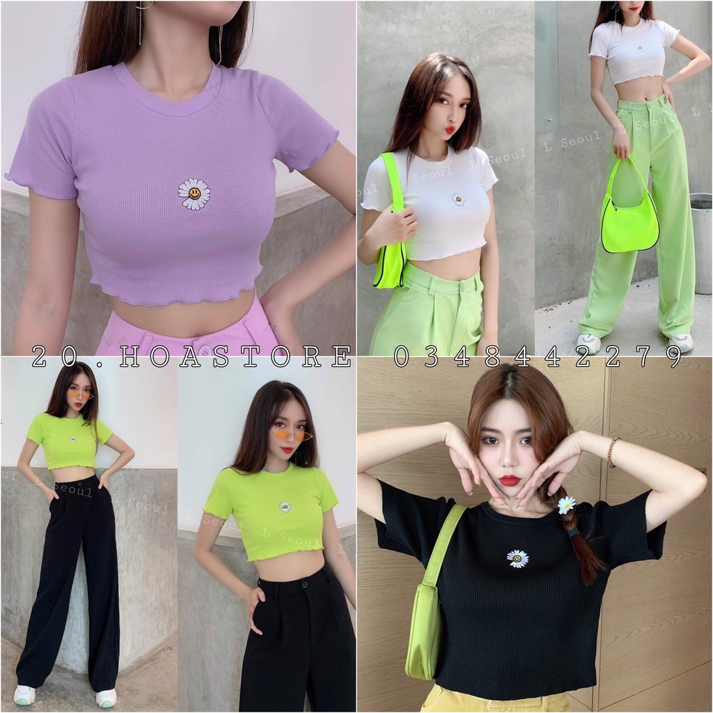 ÁO CROPTOP HOA CÚC SMILE EMOTION 4 MÀU HOT - ÁO THUN THÊU HOA CẢM XÚC ULZZANG