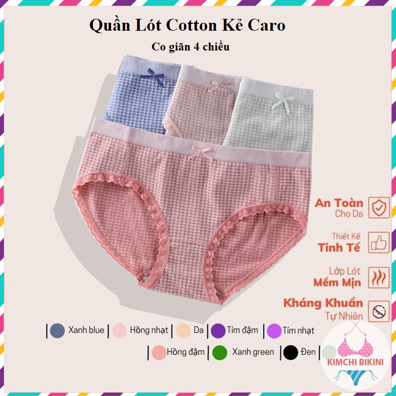 Quần lót cotton KIMCHIBIKINI kẻ caro freesize 40-55kg phối ren nơ co dãn 4 chiều ôm bụng nâng mông QL124