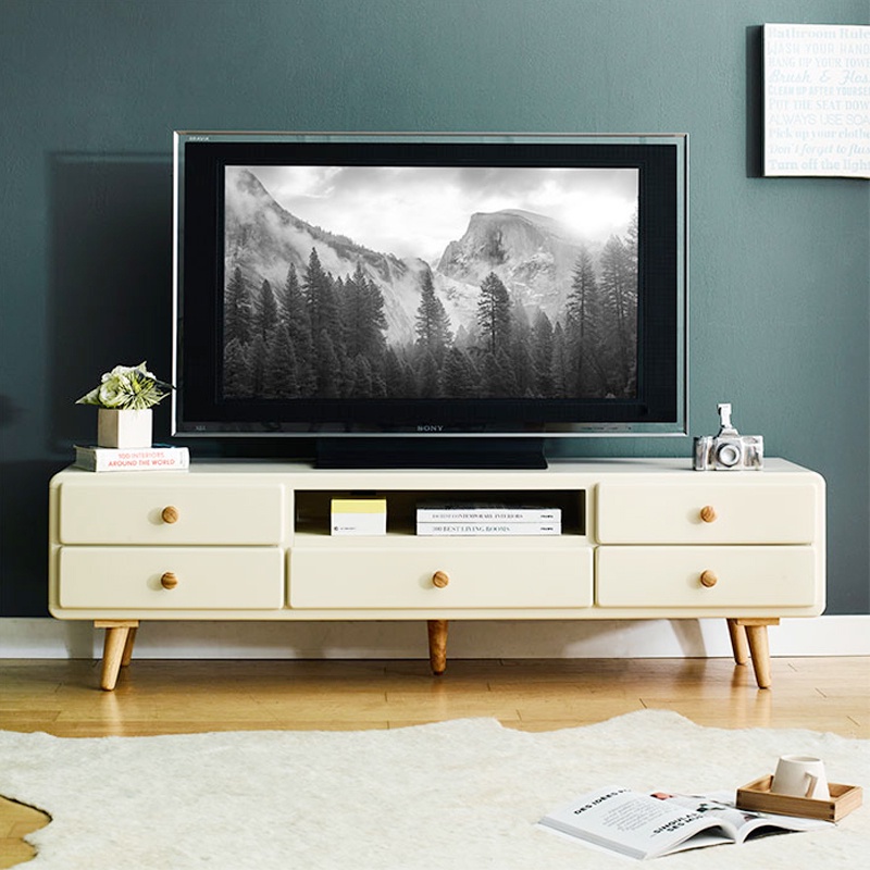 Tủ kệ tivi (TV) 5 ngăn kéo IBIE Rora-Ivory gỗ cao su màu kem phối tự nhiên