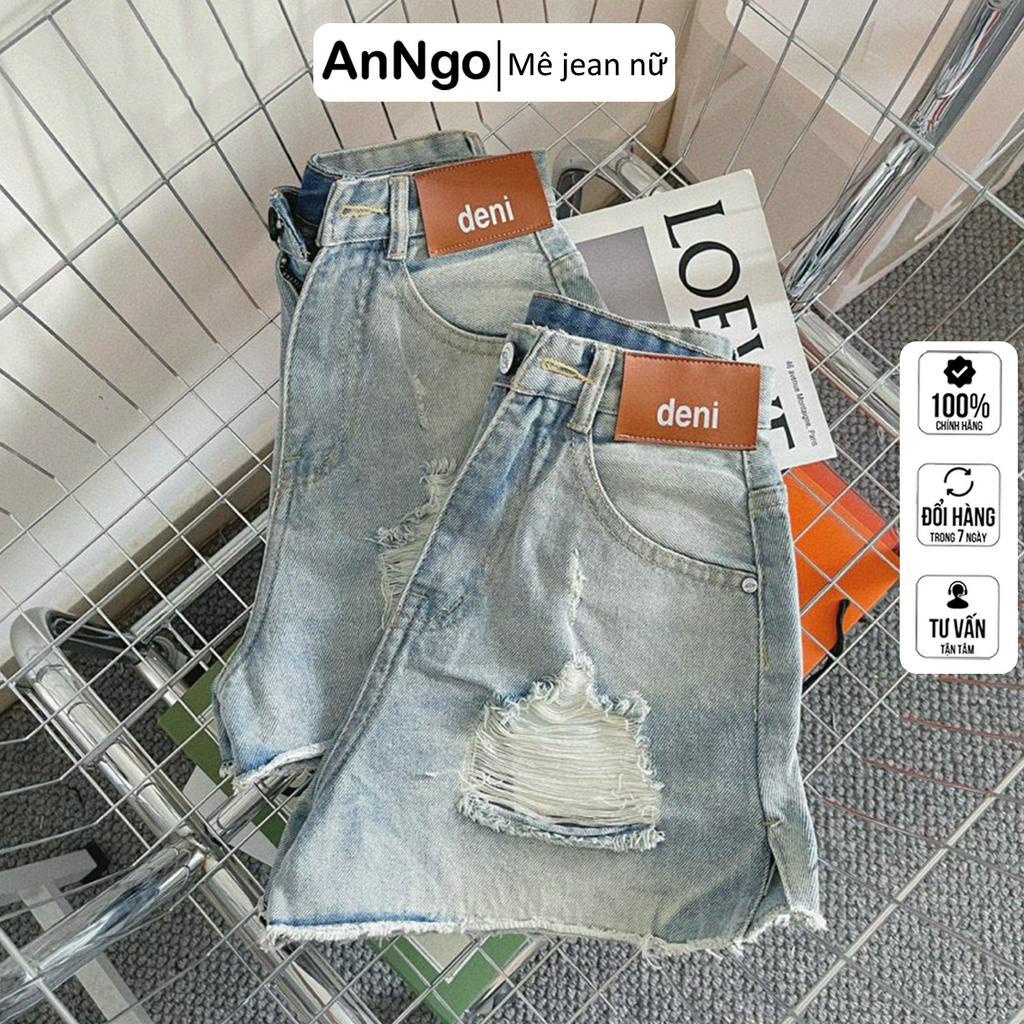 Quần short jean nữ lưng cao ống rộng, chất jean denim loang màu không co giãn Anngo - AT297