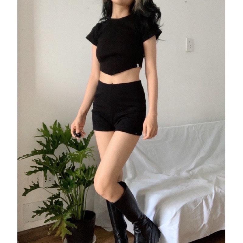 Áo Croptop Body Tay Ngắn alohashop91 Dáng Ôm Cổ Tròn Vạt Nhọn
