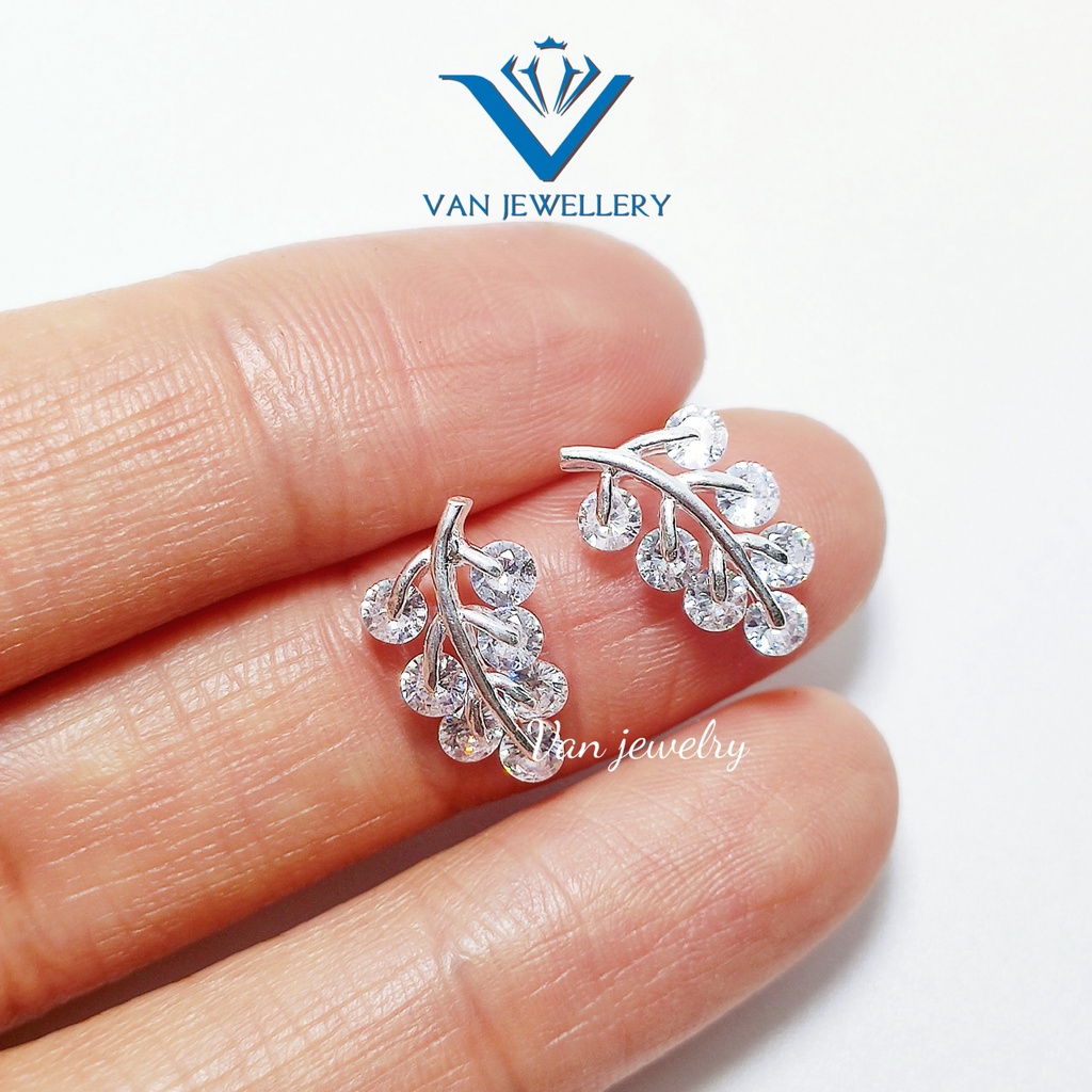 Khuyên tai bạc khuyen tai hình lá nạm đá trắng sáng lấp lánh