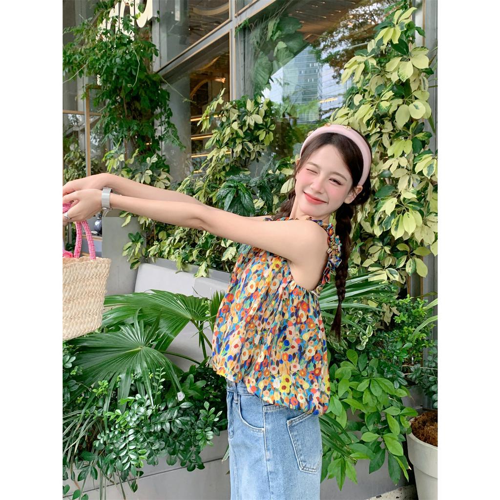 Xiaozhaniv Áo Tank Top Hai Dây Dáng Rộng Họa Tiết Tranh Sơn Dầu Hoa Kiểu Pháp Ngọt Ngào Cho Nữ