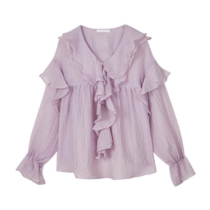 Áo chiffon Tay Phồng Cổ Chữ v Màu Trơn Phong Cách Hàn Quốc Đơn Giản Thời Trang Cho Nữ