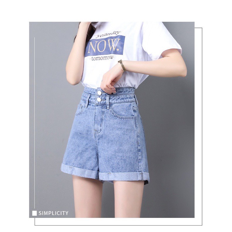 Quần Short Jean Cạp Cao Gấp Gấu Ống Suông Cá Tính_Q1