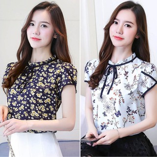Áo sơ mi cách điệu tay ngắn họa tiết hoa trang trí nơ buộc xinh xắn cho nữ