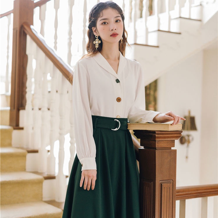 Bộ Áo + Chân Váy 2 Món Dáng Ôm Màu Xanh Lá Phong Cách Pháp Thời Trang Cho Nữ