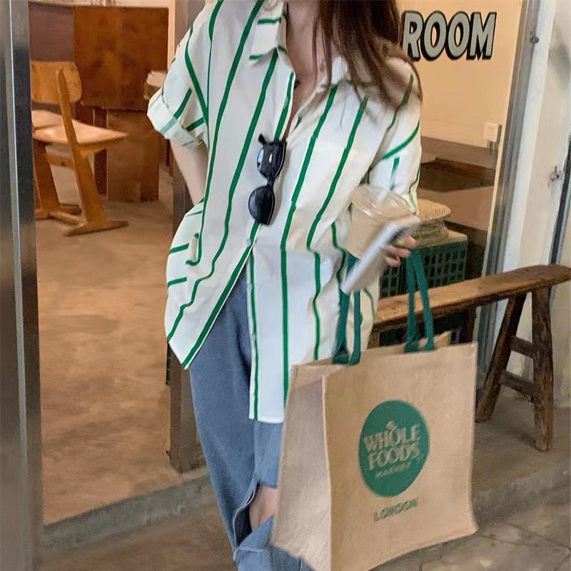 Áo sơ mi SUXI tay ngắn dáng rộng họa tiết kẻ sọc phong cách vintage thời trang mùa hè dành cho nữ