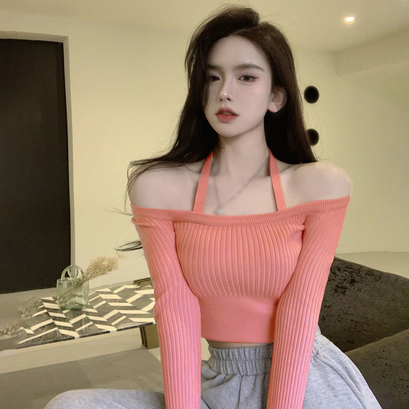 Áo Thun Dệt Kim Tay Dài Cổ Yếm Màu Sắc Trơn Phong Cách Hàn Quốc Thời Trang Cho Nữ