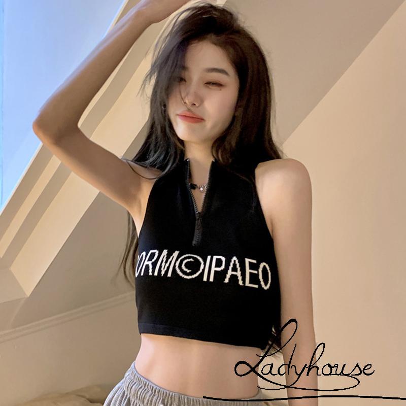 Áo Croptop Trễ Vai Không Tay Khóa Kéo Trước Màu Trắng / Đen Thời Trang Mùa Hè Cho Nữ