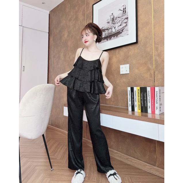Bộ lụa dây tầng, phối quần dài màu trơn xinh