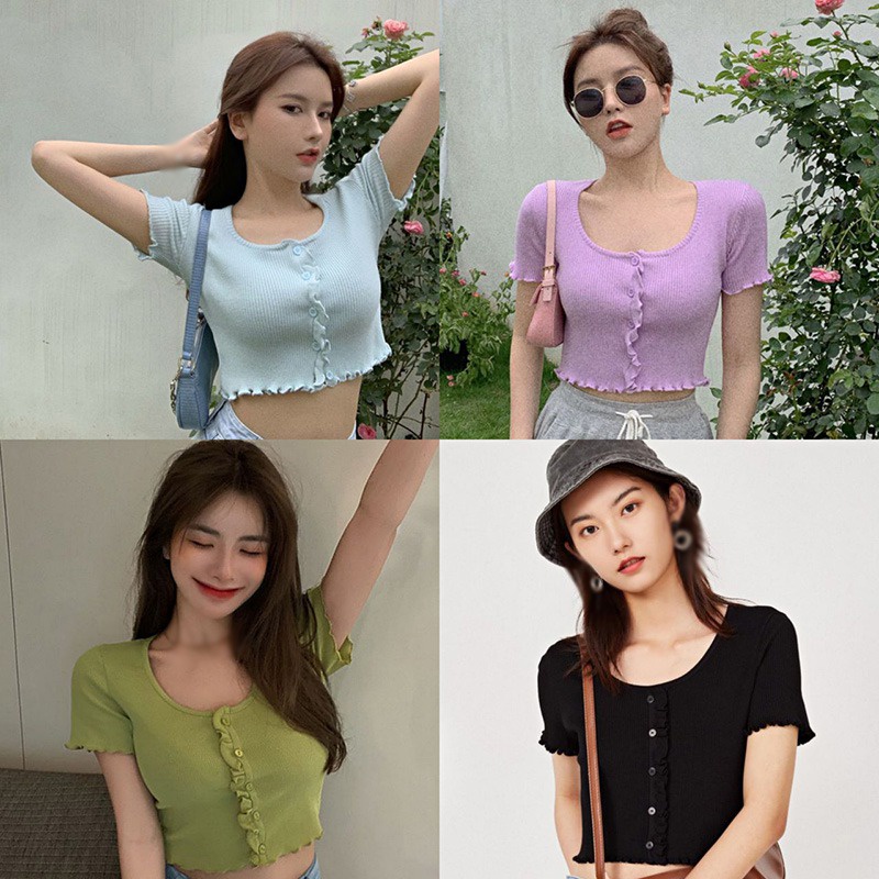 Áo Thun Croptop Dệt Kim Cổ Tròn Màu Trơn Phong Cách Hàn Quốc Thời Trang Cho Nữ