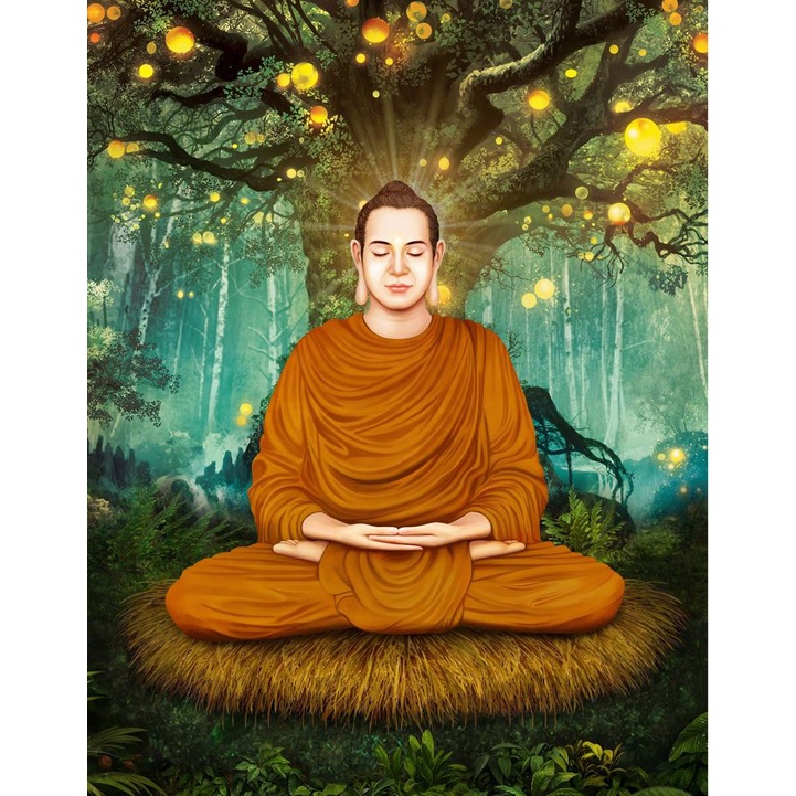 Tranh dán tường 3D khổ lớn phật thích ca ngồi dưới cây bồ đề - tranh phật - vải lụa kim tuyến