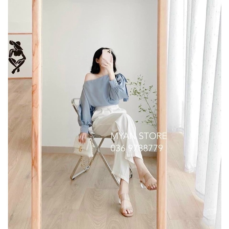 [CÓ SẴN] SET ÁO TRỄ VAI XANH + QUẦN ỐNG RỘNG SANG CHẢNG MÙA HÈ