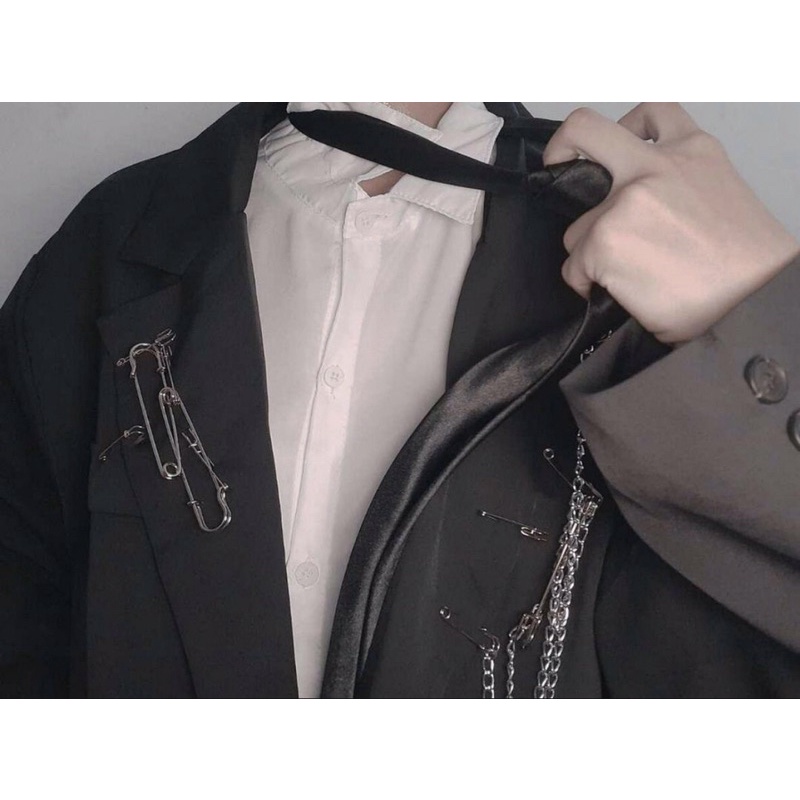 Áo khoác blazer cổ vest đen trơn có túi dáng rộng tặng kèm chuỗi xích Ulzzang unisex hiphop siêu chất ❤️