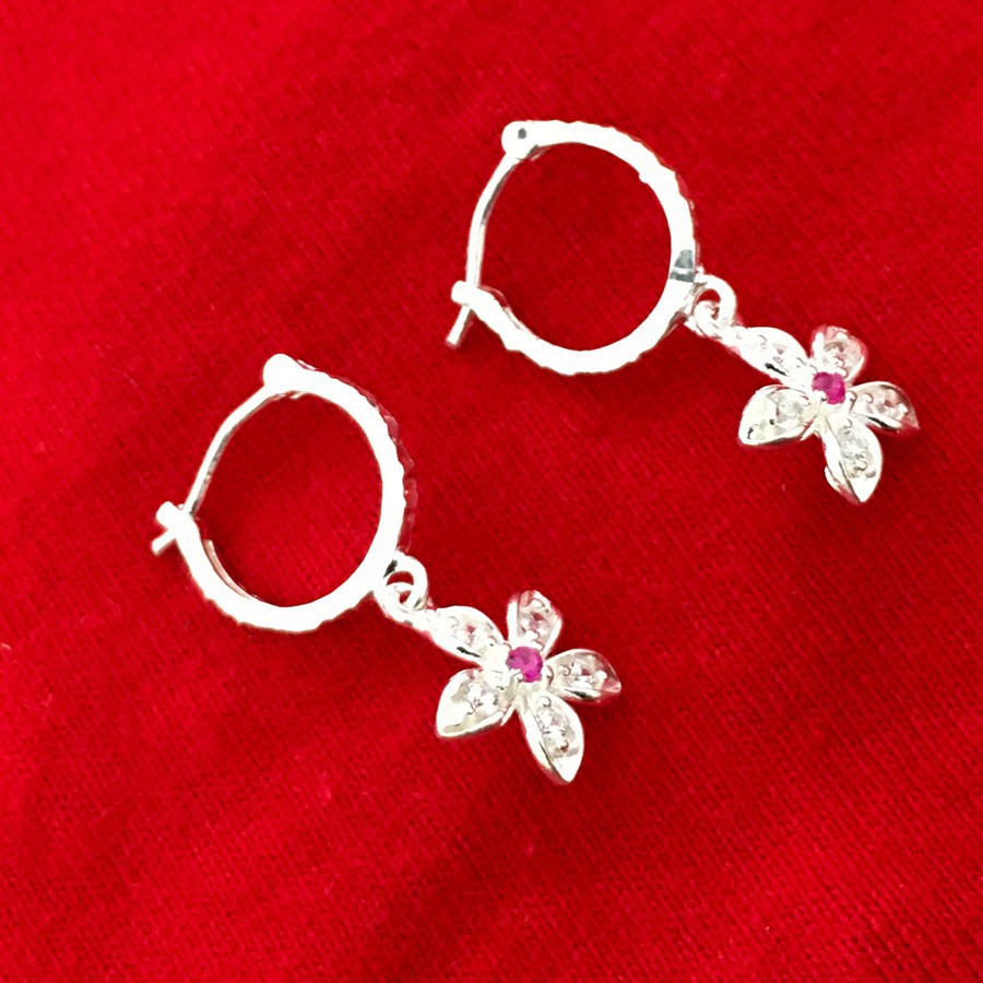 Bông tai bạc trẻ em kiểu dáng dài hoa đào -Trang sức TNC Jewellery