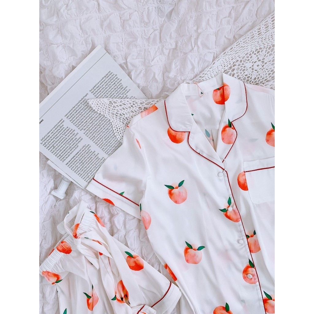 Bộ đồ ngủ mặc nhà lụa satin cao cấp chất mát hoạ tiết trái cây 4 màu mùa hè 2021