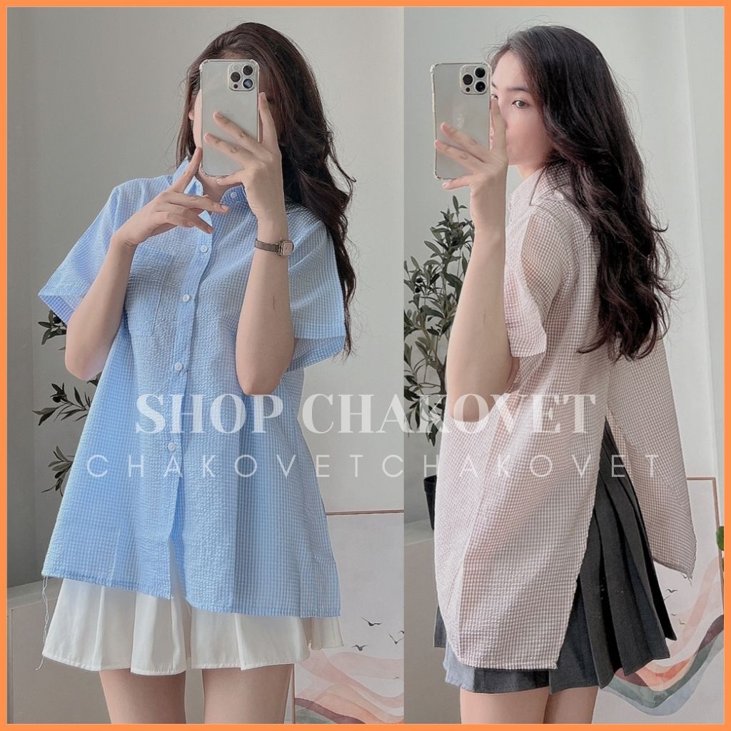 Áo sơ mi nữ kẻ xẻ sau cute A852 kiểu cộc tay xẻ lưng cá tính nhiều màu phong cách Hàn Quốc - CHAKOVET