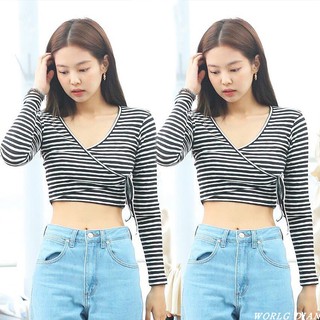Áo croptop sọc kẻ cột eo giống JENNIE