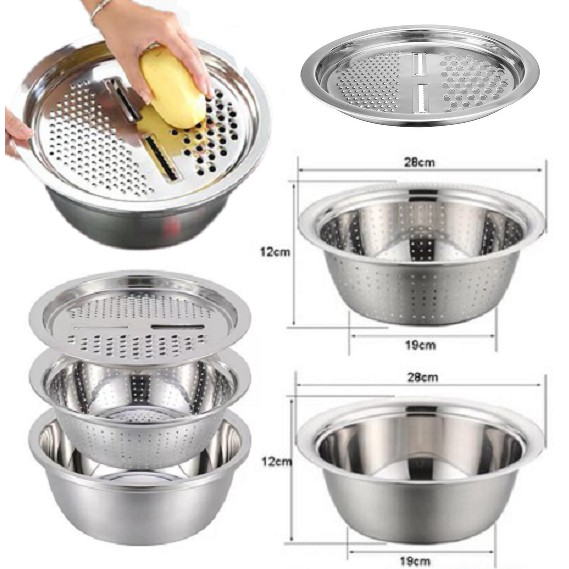 Bộ Rổ Inox Kèm Nạo Rau Củ 3 Chi Tiết-Bộ rổ chậu kèm nạo đa năng tiện lợi