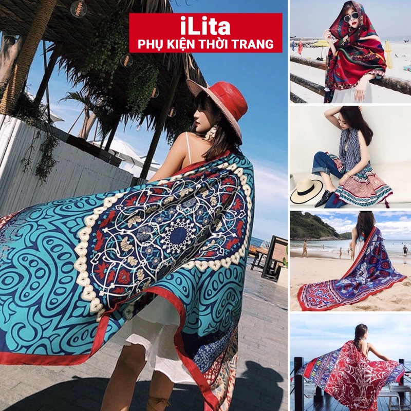 Khăn quàng cổ nữ choàng đi biển thổ cẩm phong cách vintage boho nữ đẹp iLita cao cấp đủ màu đen, vàng, đỏ, be, xanh rêu