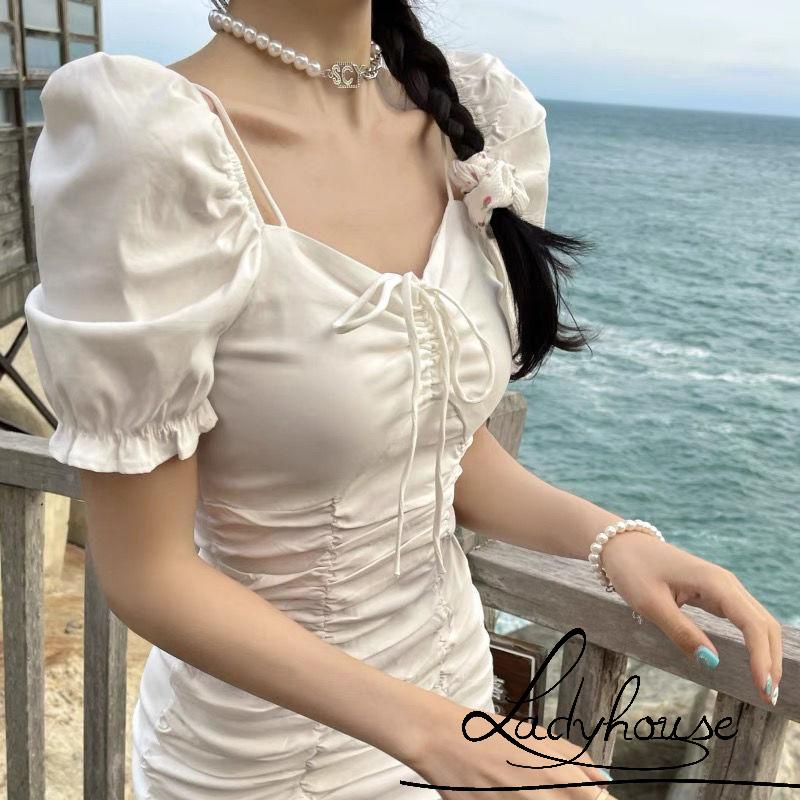 Đầm ngắn tay phồng màu trơn phối dây rút thời trang mùa hè quyến rũ cho nữ