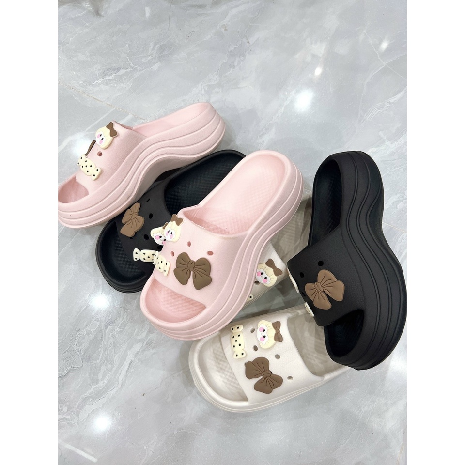 Dép bánh mì nữ đế viền lượn sóng 5p gắn stiker nơ-kẹo