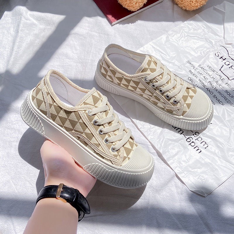 Giày thể thao, sneaker nữ vải canvas mềm phối họa tiết màu siêu xinh đế bánh mì tăng chiều cao