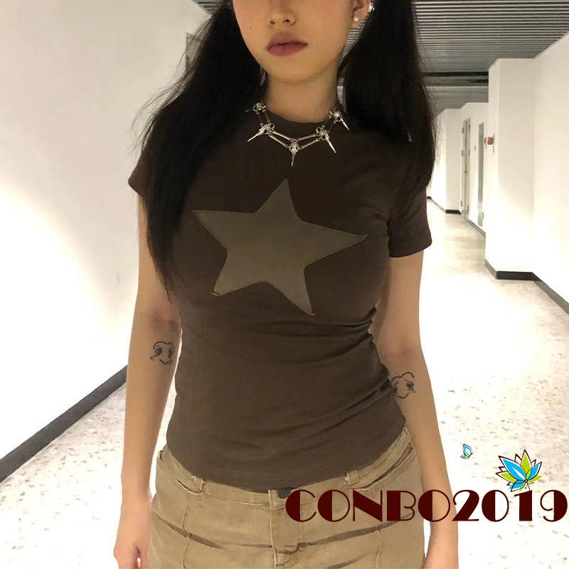 Áo Thun Tay Ngắn Cổ Tròn Dáng Ôm In Họa Tiết Ngôi Sao Phong Cách Harajuku Thời Trang Mùa Hè Cho Nữ