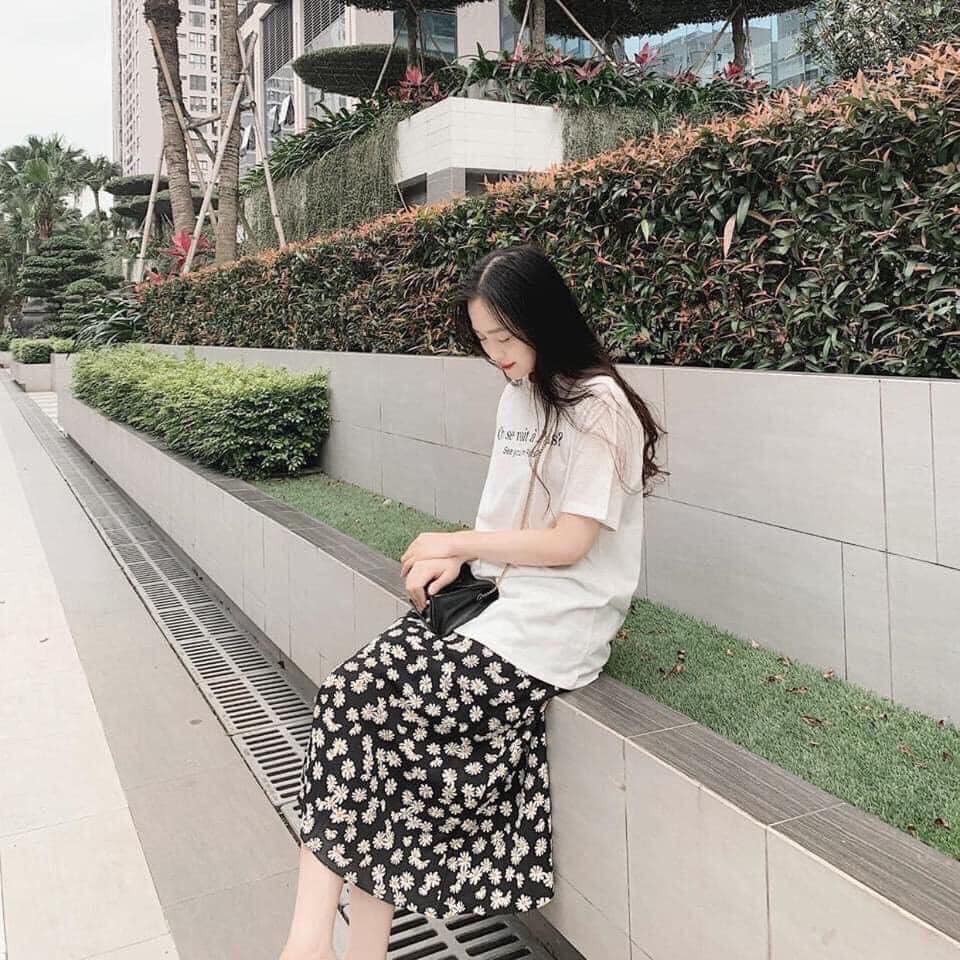 Set đồ nữ áo phông chữ mix chân váy hoa dài 2 lớp. Áo cotton tàu mịn 4c , chân váy đũi lụa mềm. | BigBuy360 - bigbuy360.vn