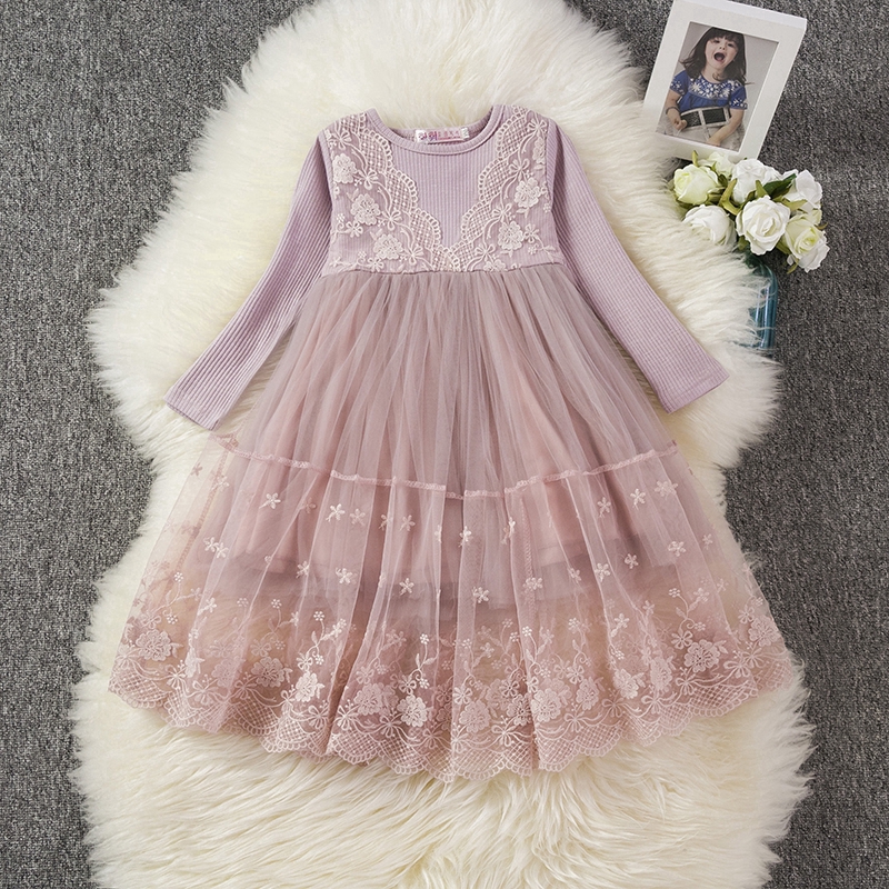 Đầm công chúa vải tuyn phối ren tay dài hợp thời trang cho bé gái