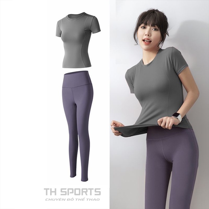 Bộ quần áo tập gym yoga nữ áo ngắn tay fit dáng quần legging dài nâng mông đồ tập gym yoga nữ TH SPORT