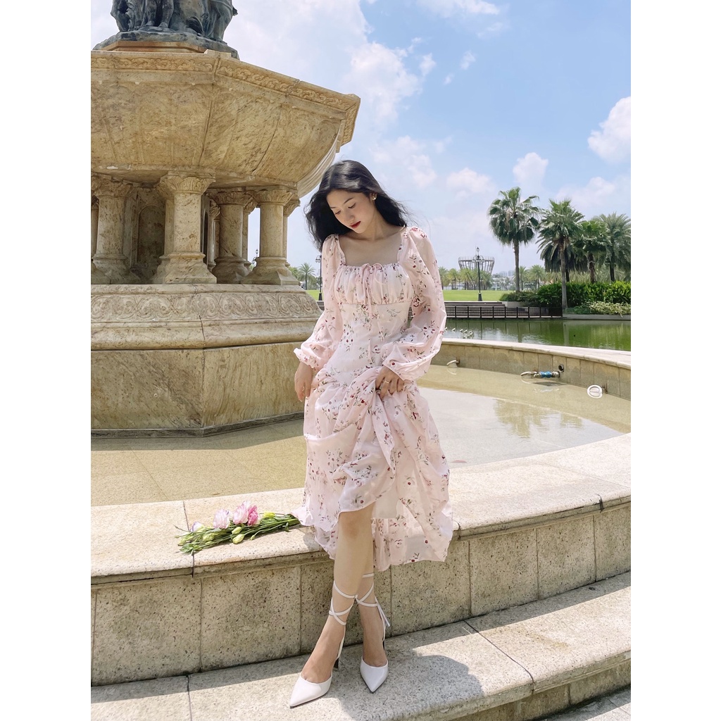 Sanrosie - Váy đầm dài xoè Olivia Dress vải voan hoa hồng pastel