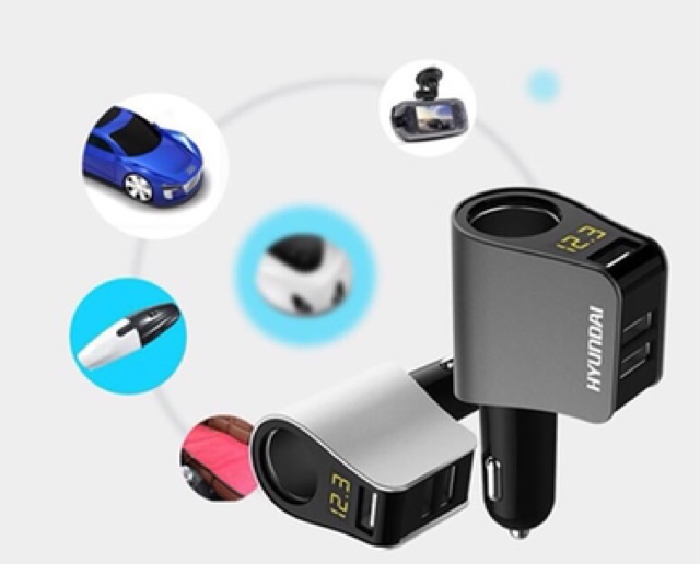 Tẩu sạc hyundai 3 cổng USB có màn hình hiển thị điện áp và một lỗ tẩu HY-10 HY10