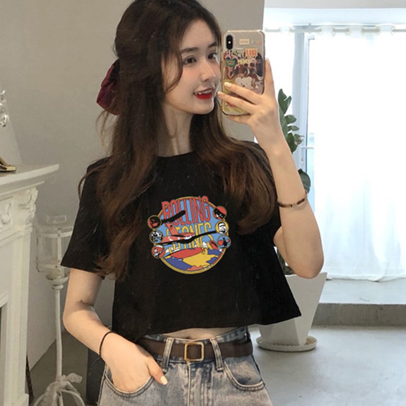 Áo Thun Cotton Ngắn Tay Lưng Cao In Họa Tiết Thời Trang Mùa Hè Cho Nữ