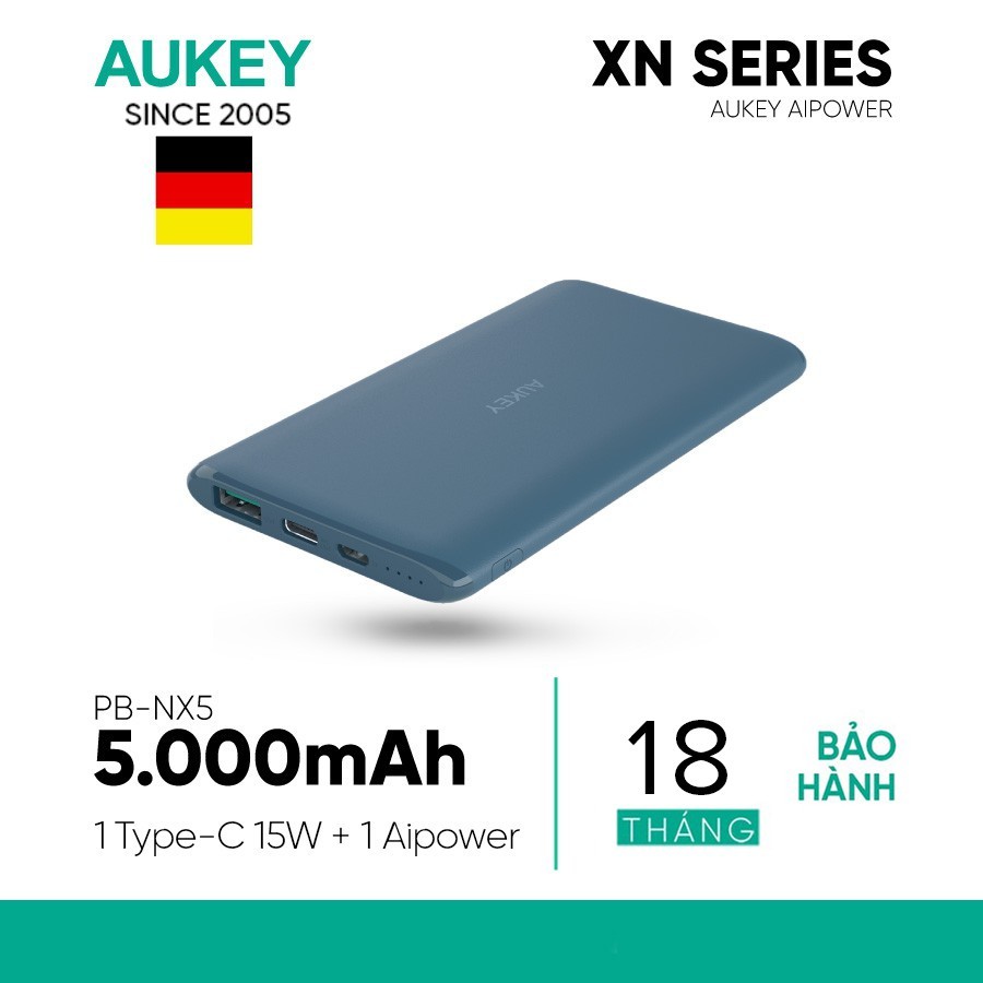 Pin Sạc Dự Phòng 5000mAh Aukey PB-XN5, AiPower, Sạc Type C 15W, USB 12W - Hàng Chính Hãng