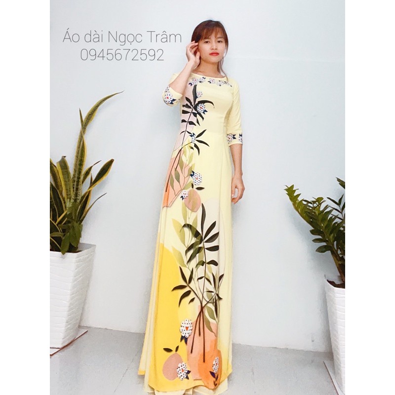Áo dài lụa may sẵn in hoa sứ 3D (ảnh thật)