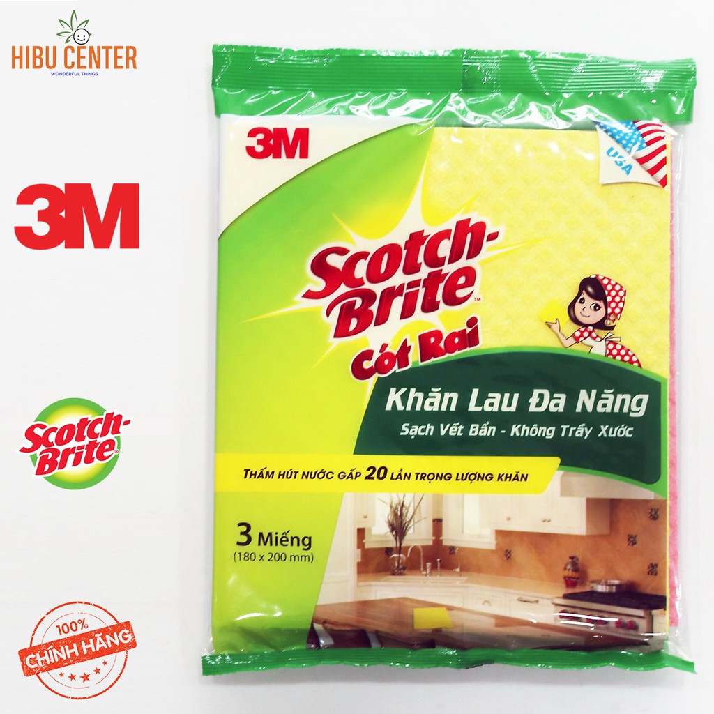 Gói 3 Miếng Khăn Lau Đa Năng Scotch-Brite 3M 18x20cm – Sạch Vết Bẩn, Không Trầy Xước – Thấm Hút Gấp 20 Lần Trọng Lượng