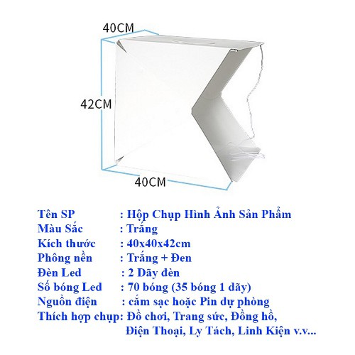 Hộp Chụp Sản Phẩm 40x40cm Có Kèm Đèn Led 2 Dãy có 70 Bóng - Tặng 2 Phong Nền - MeBoom