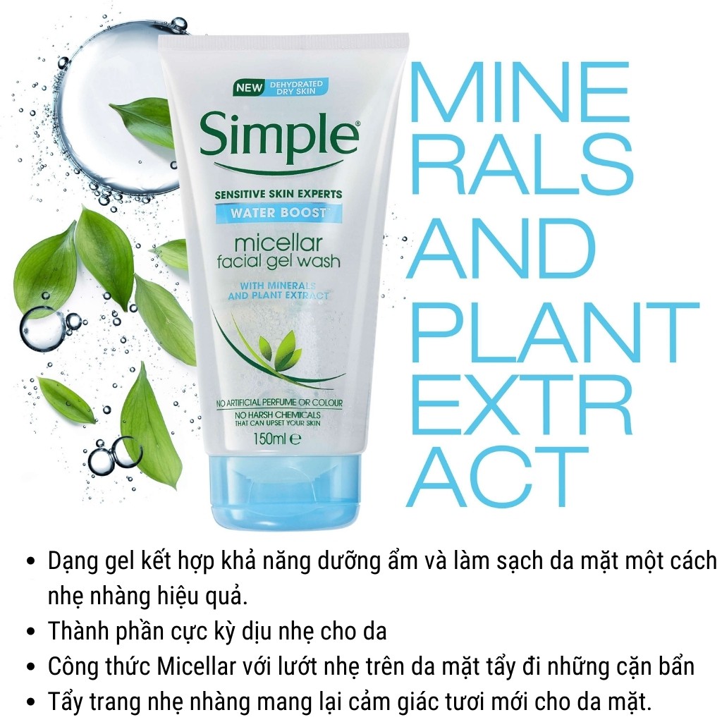 Sữa rửa mặt SIMPLE Water Boost Micellar Facial Gel Wash Làm Sạch Sâu Cấp Nước Mềm Da ( 150ml ) | BigBuy360 - bigbuy360.vn
