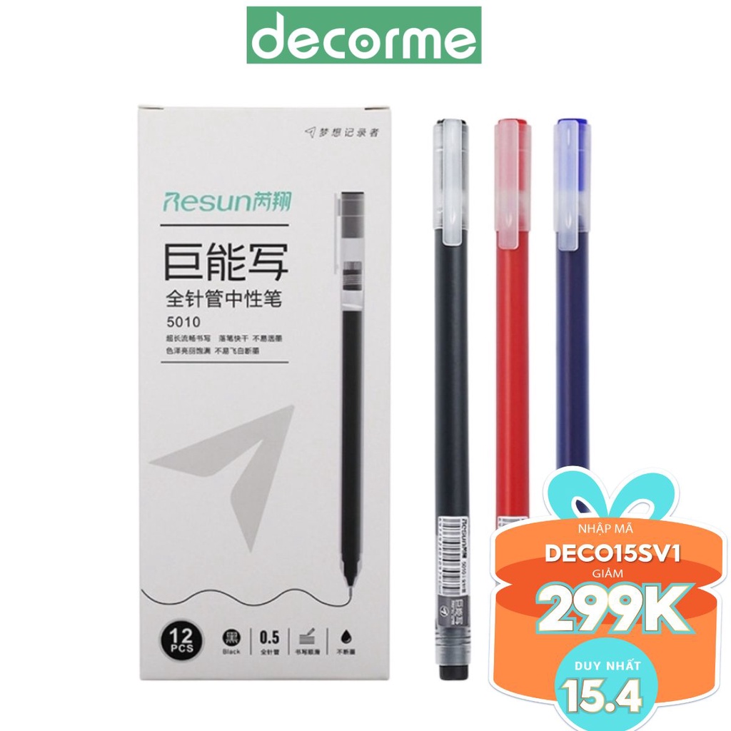 Bút gel basic ống lớn DecorMe Resun 0.5mm bút đen xanh đỏ dupe Muji (lẻ 01 chiếc)