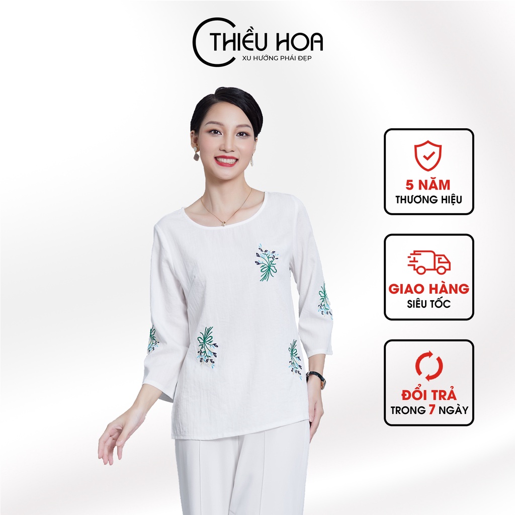 Áo trung niên nữ tay lỡ Chất Vải Linen Mềm Nhẹ, thêu hoa thanh lịch Thương hiệu Thiều Hoa P0109