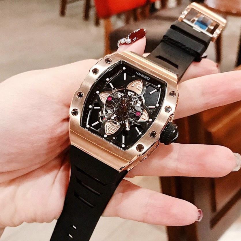 Đồng Hồ Hanboro By Huboler Nam Automatic Dây Silicon Đen Rose Gold 40x48mm Chính Hãng