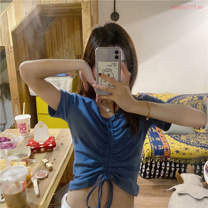 Áo thun nữ ngắn tay phối dây rút eo thời trang mùa hè năng động