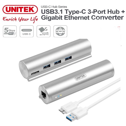 Cáp Chuyển USB typeC 3.1 to LAN gigabit + 3 HUB USB 3.0 Unitek Y3095