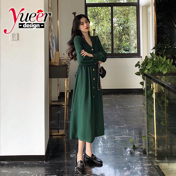 Đầm tay dài cổ chữ v phối cúc nổi bật duyên dáng dễ thương cho nữ | BigBuy360 - bigbuy360.vn