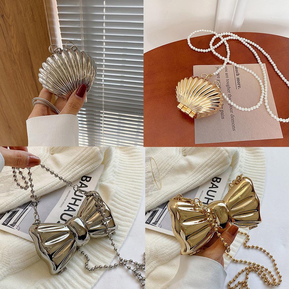 Túi đeo vai mini hình nơ kim loại W2F3 B5E1 màu bạc/vàng I9X6 thời trang cho nữ