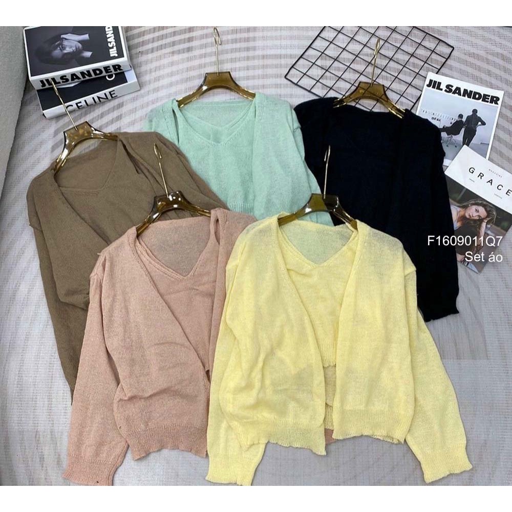 Set áo len cặp áo khoác cardigan tay dài kèm áo sát nách hàng QC!